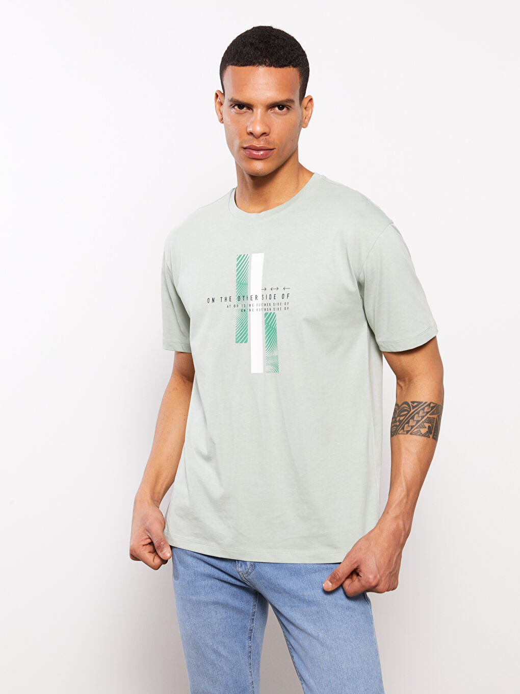 Yeşil Bisiklet Yaka Kısa Kollu Baskılı Penye Erkek Tişört-1
