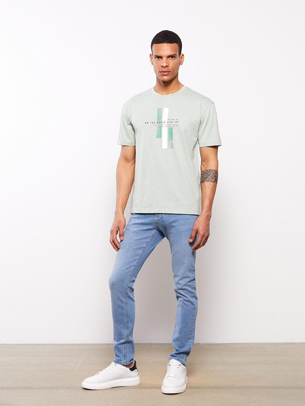 Yeşil Bisiklet Yaka Kısa Kollu Baskılı Penye Erkek Tişört-2