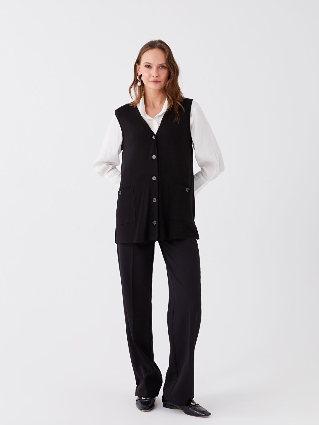 Siyah Kadın V Yaka Düz Yelek-2