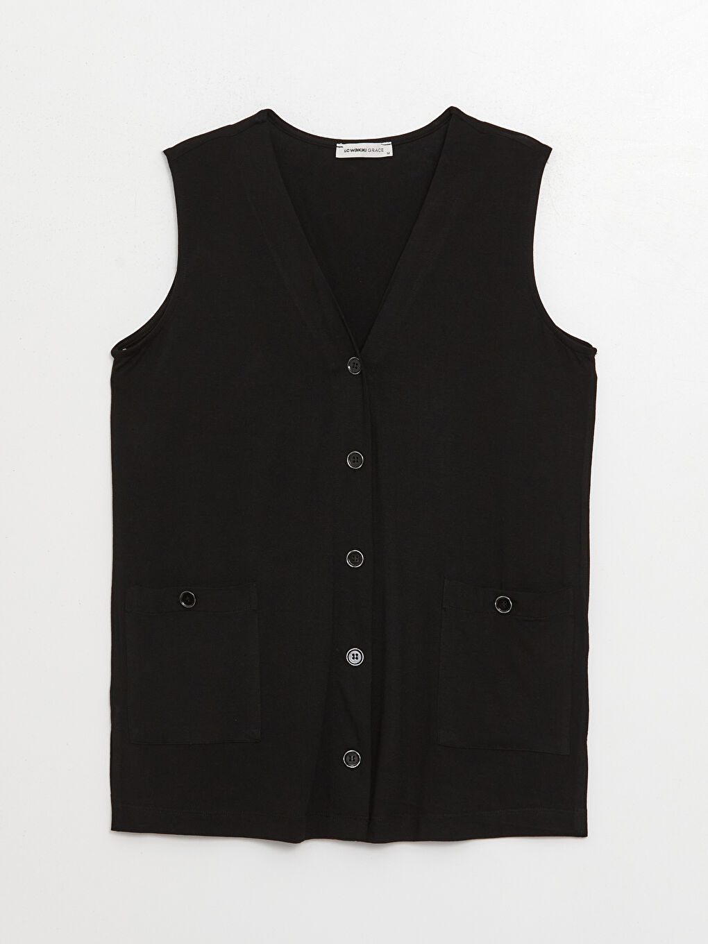 Siyah Kadın V Yaka Düz Yelek-5