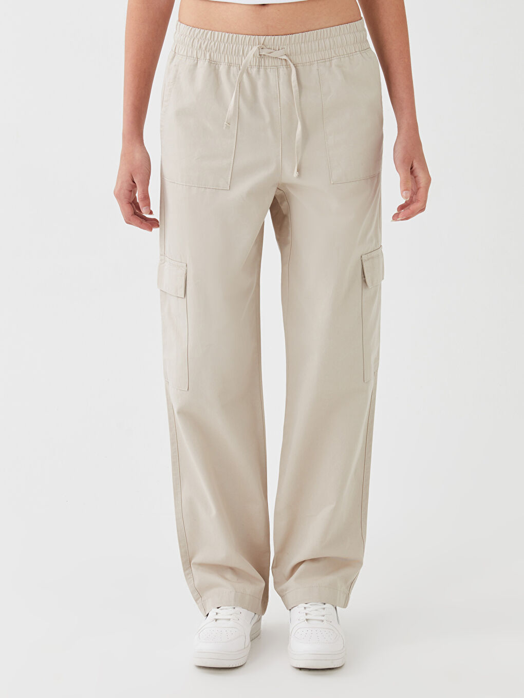 Bej Beli Lastikli Rahat Kalıp Düz Cep Detaylı Kadın Pantolon-2