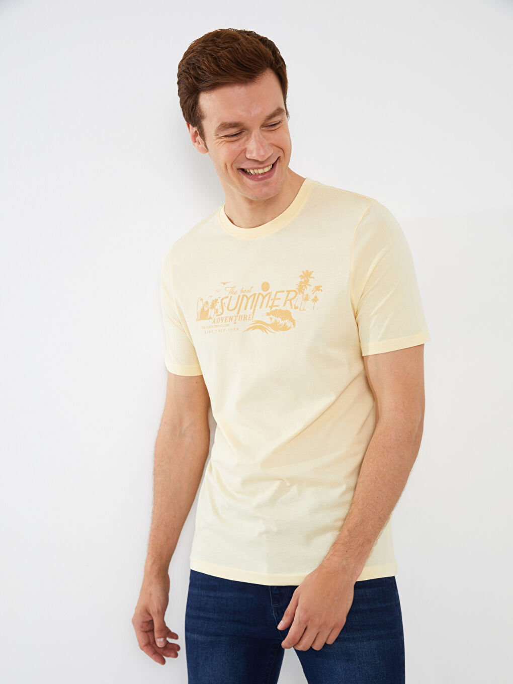 Sarı Bisiklet Yaka Kısa Kollu Baskılı Penye Erkek Tişört