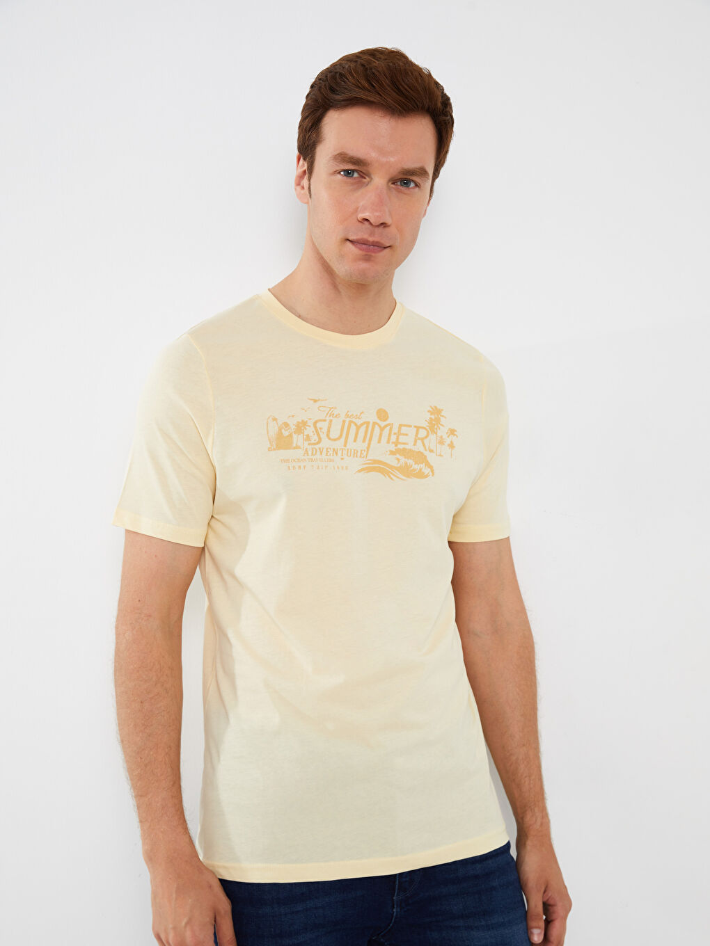 Sarı Bisiklet Yaka Kısa Kollu Baskılı Penye Erkek Tişört-1