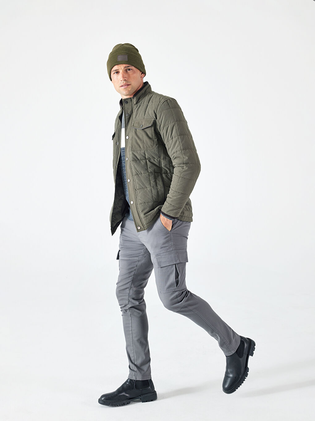 Gri Slim Fit Erkek Kargo Pantolon-1