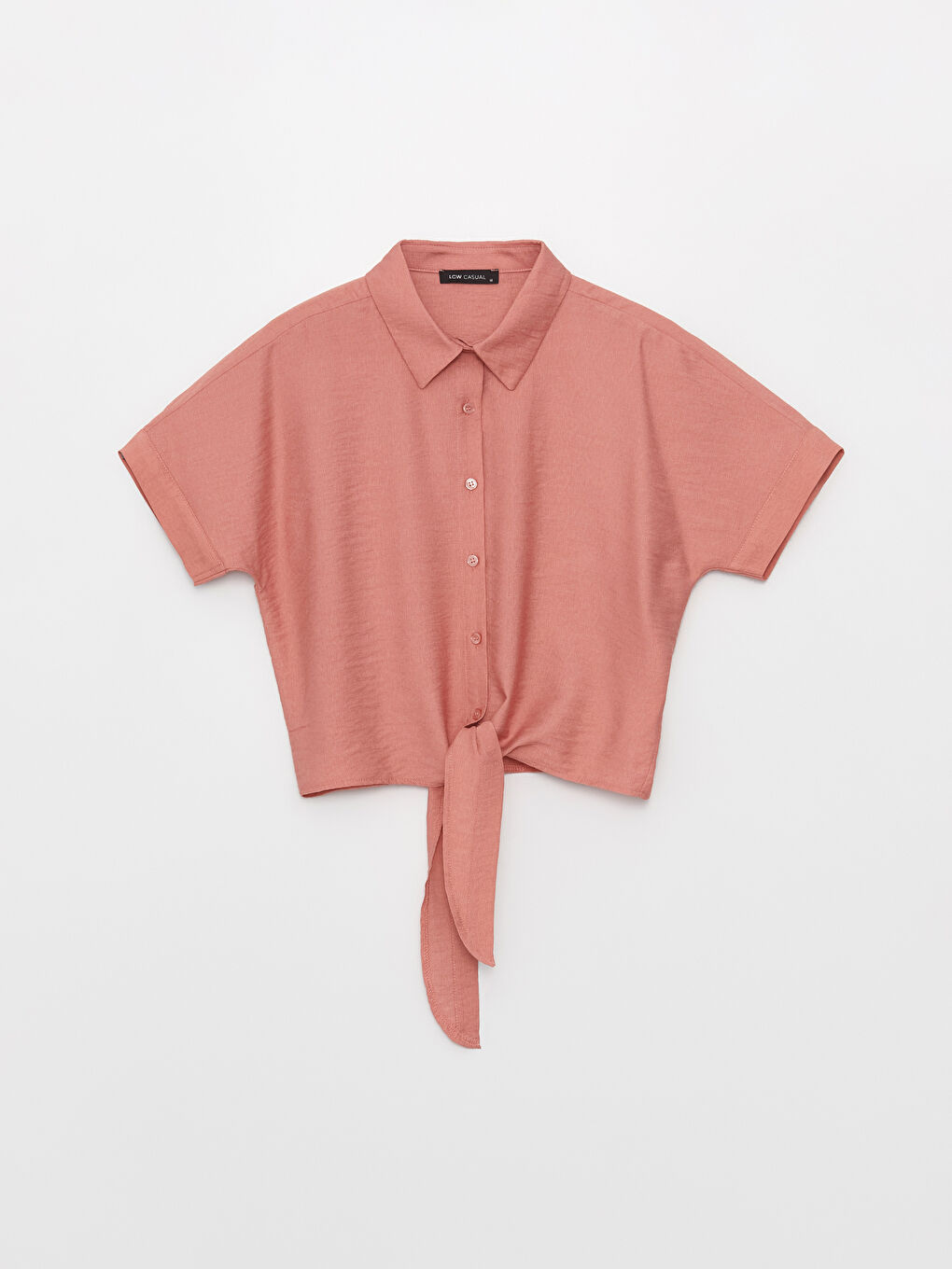 Pembe Gömlek Yaka Düz Kısa Kollu Kadın Bluz-5