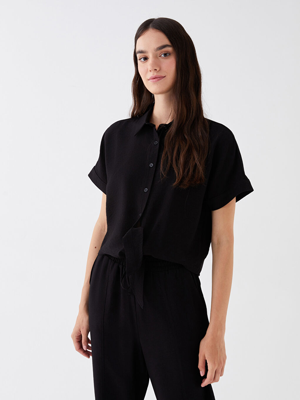 Shirt Collar Straight Short Sleeve Women's Blouse