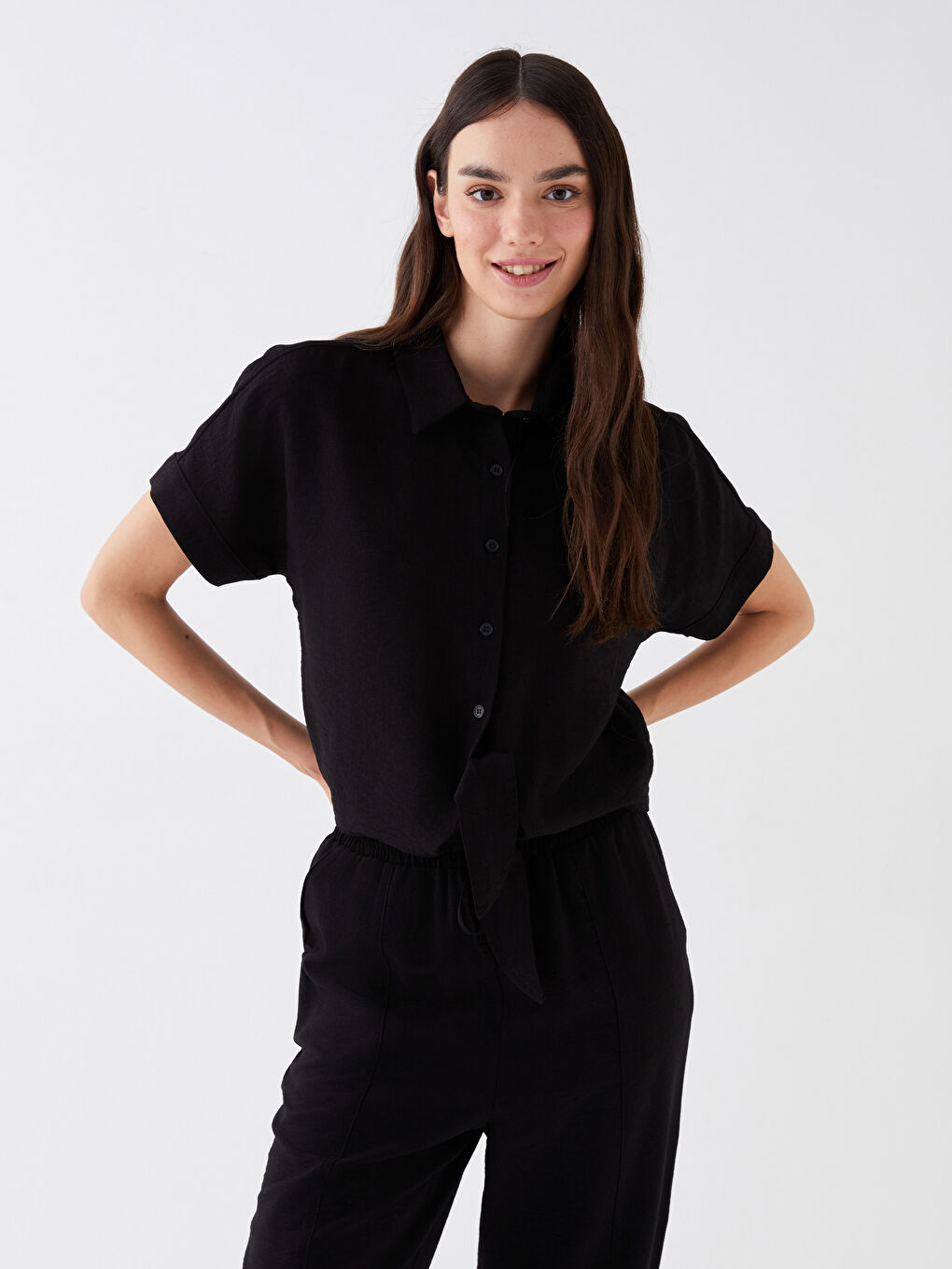 Shirt Collar Straight Short Sleeve Women's Blouse-1
