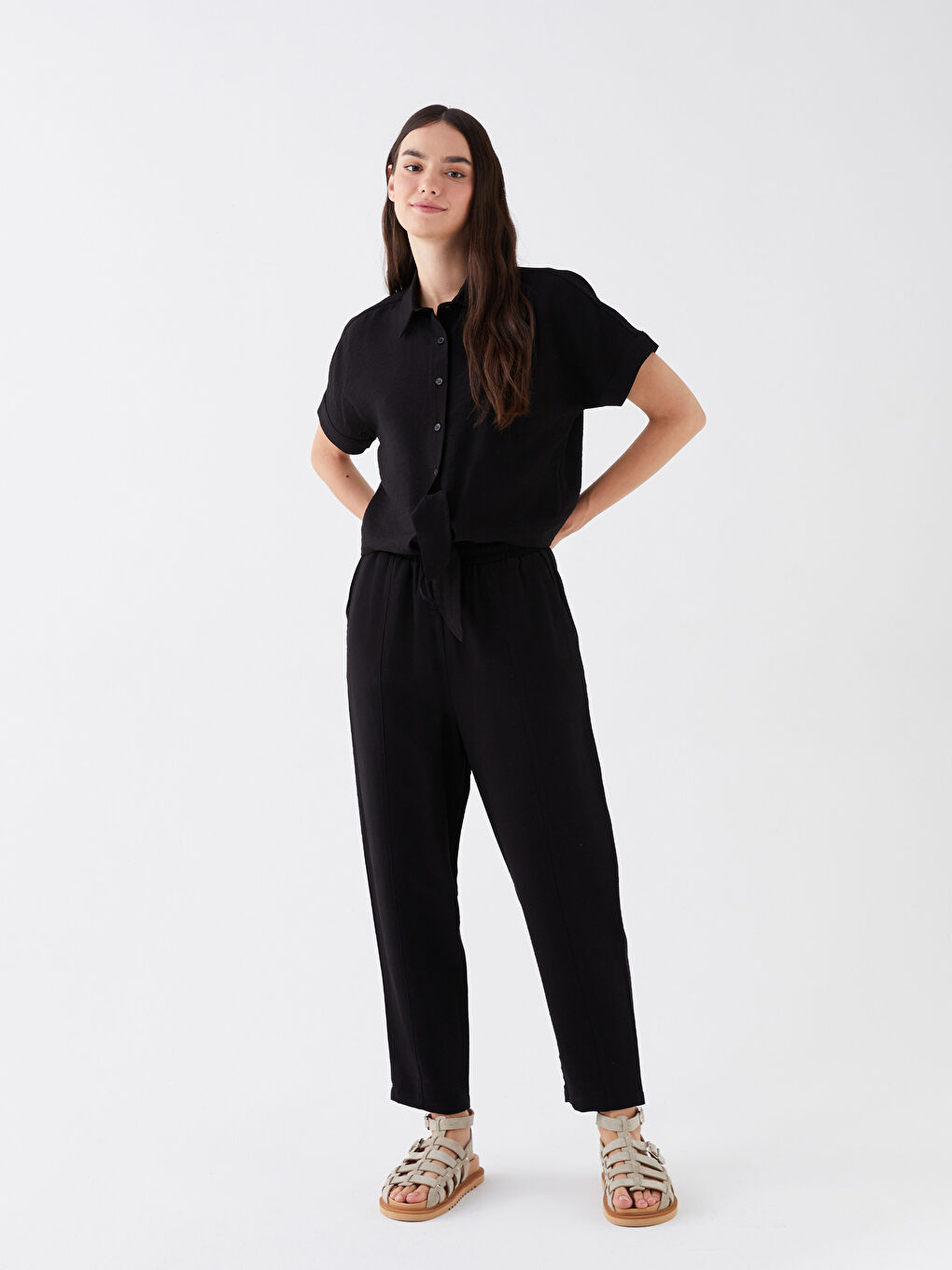 Shirt Collar Straight Short Sleeve Women's Blouse-2