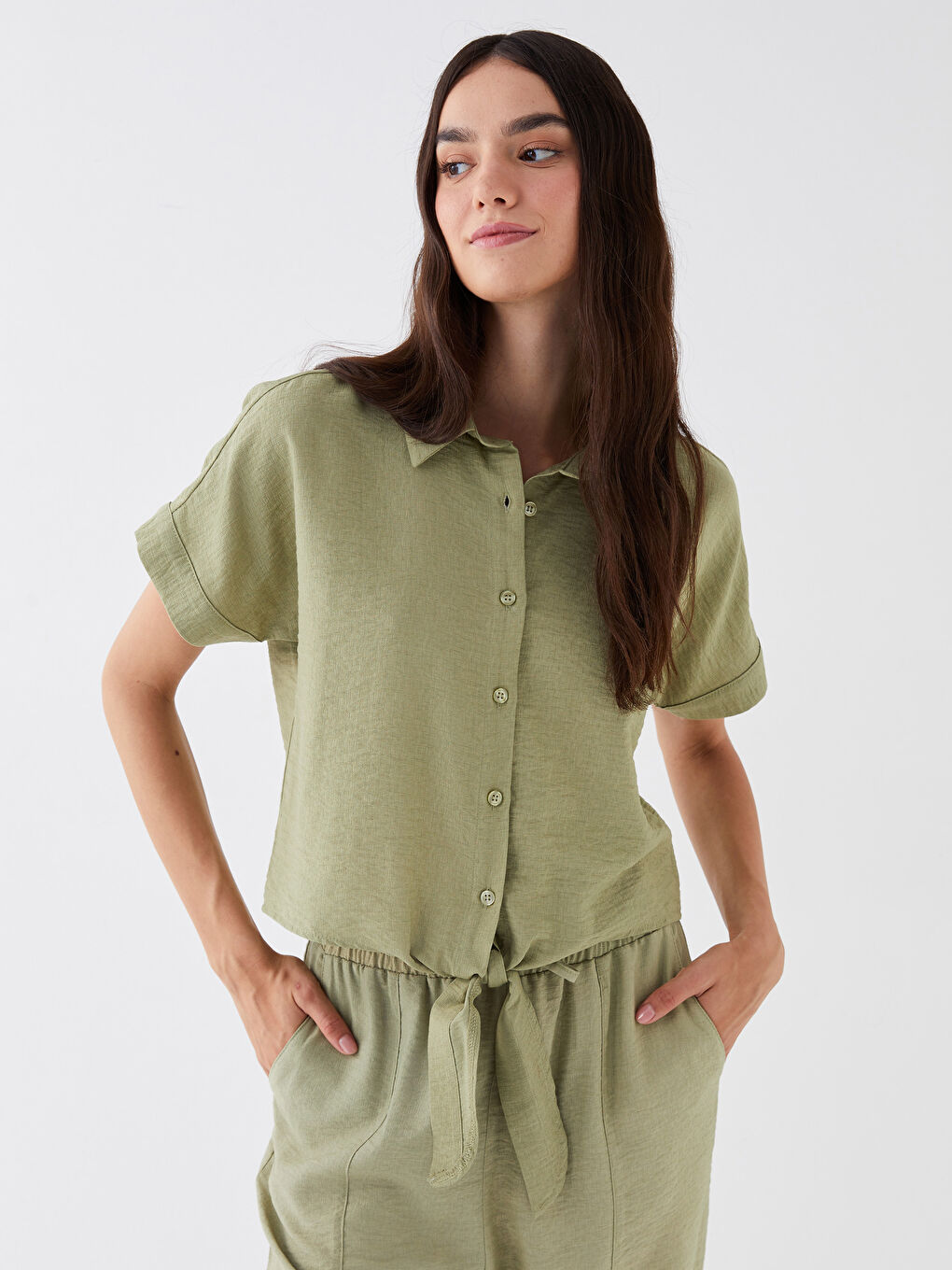 Shirt Collar Straight Short Sleeve Women's Blouse