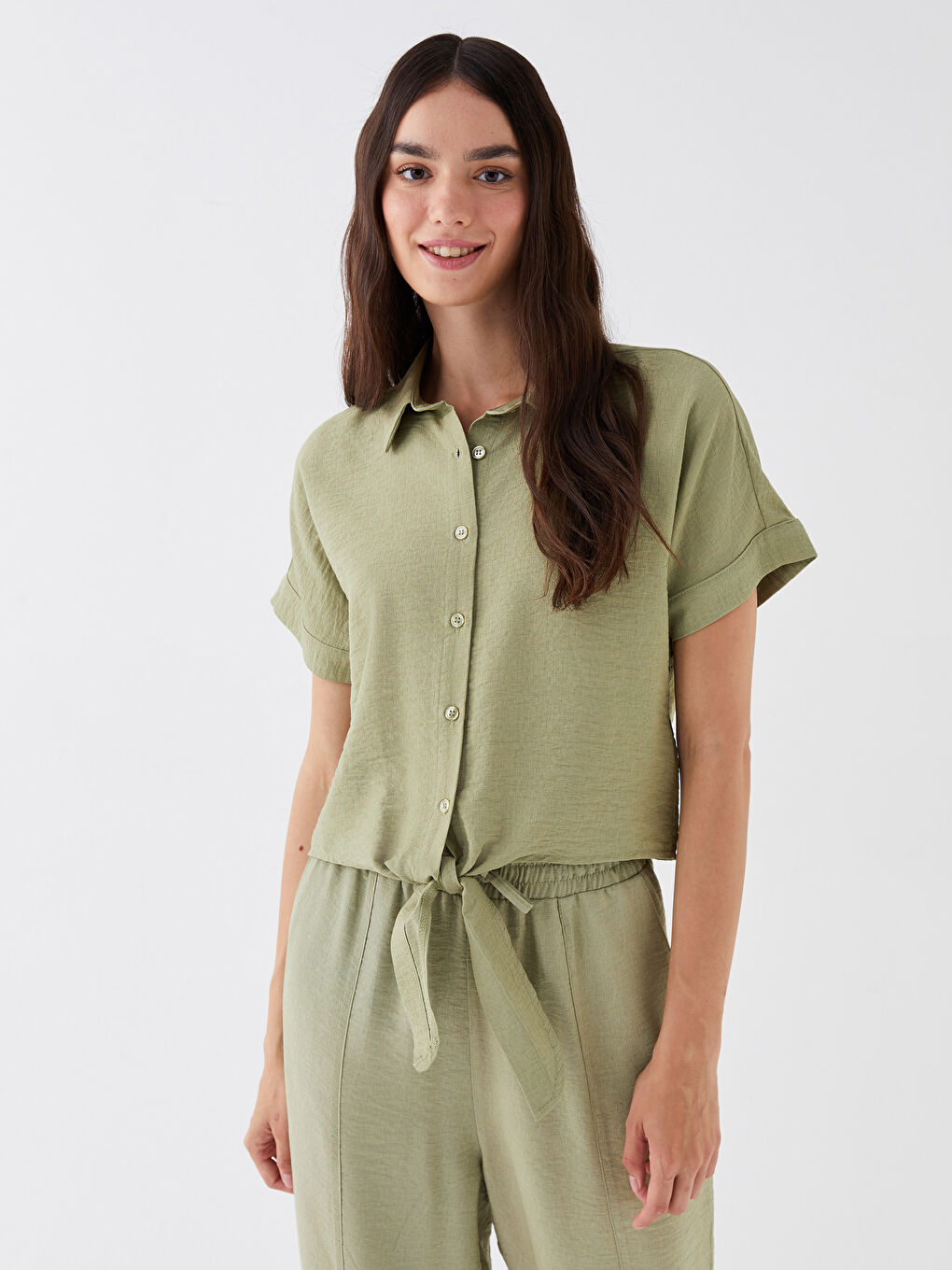 Shirt Collar Straight Short Sleeve Women's Blouse-1