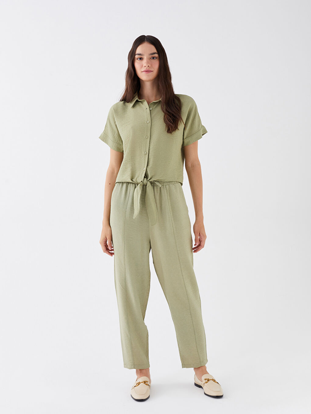 Shirt Collar Straight Short Sleeve Women's Blouse-2