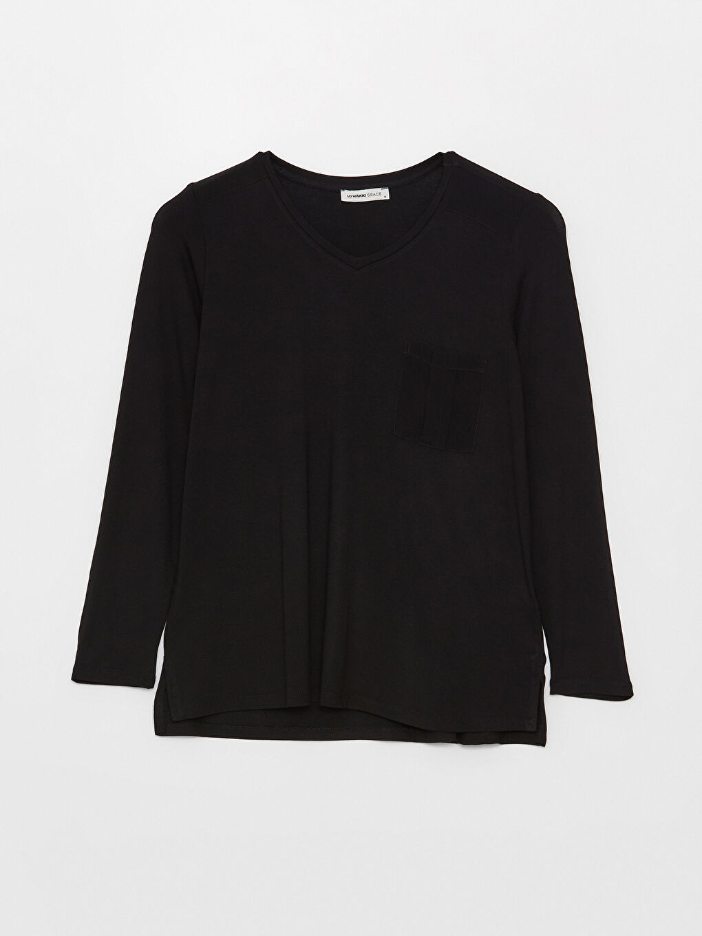 Siyah V Yaka Düz Uzun Kollu Kadın Bluz-5