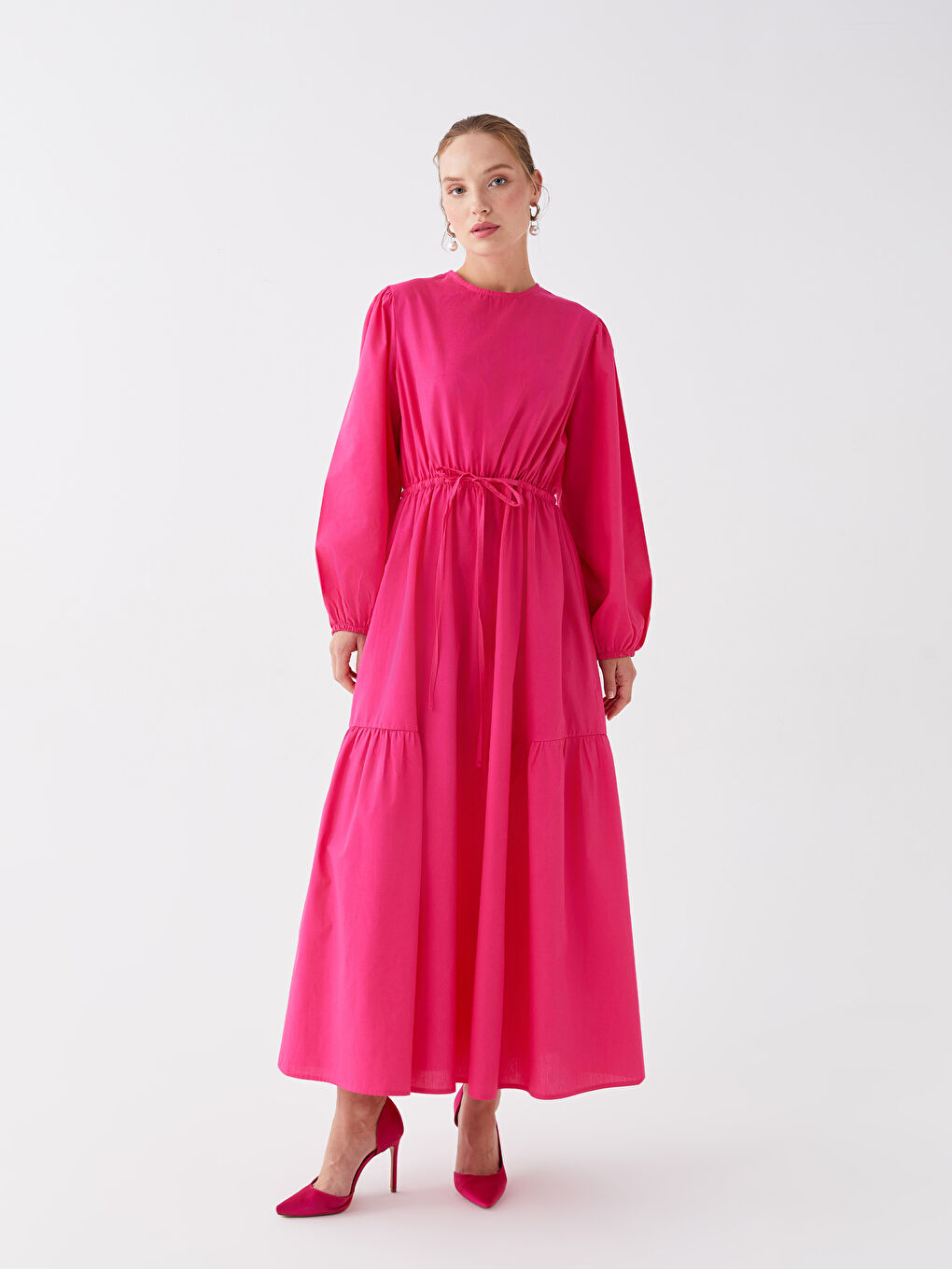 Fuşya Bisiklet Yaka Düz Uzun Kollu Poplin Kadın Elbise Anne Kız Kombini-2