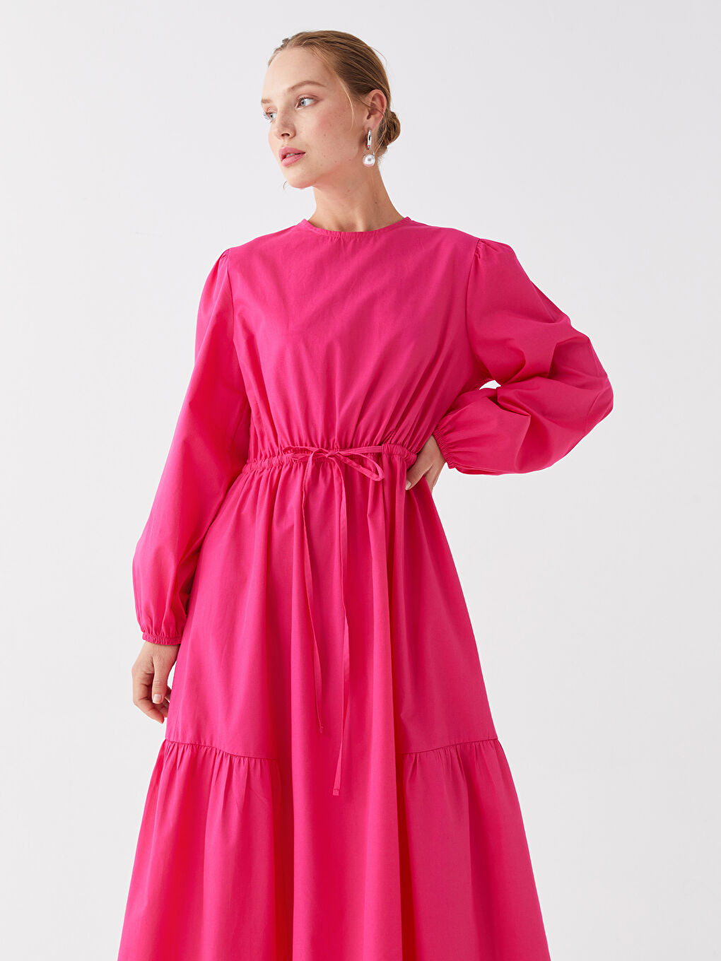 Fuşya Bisiklet Yaka Düz Uzun Kollu Poplin Kadın Elbise Anne Kız Kombini-3