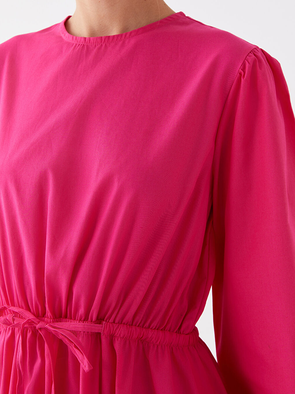 Fuşya Bisiklet Yaka Düz Uzun Kollu Poplin Kadın Elbise Anne Kız Kombini-4