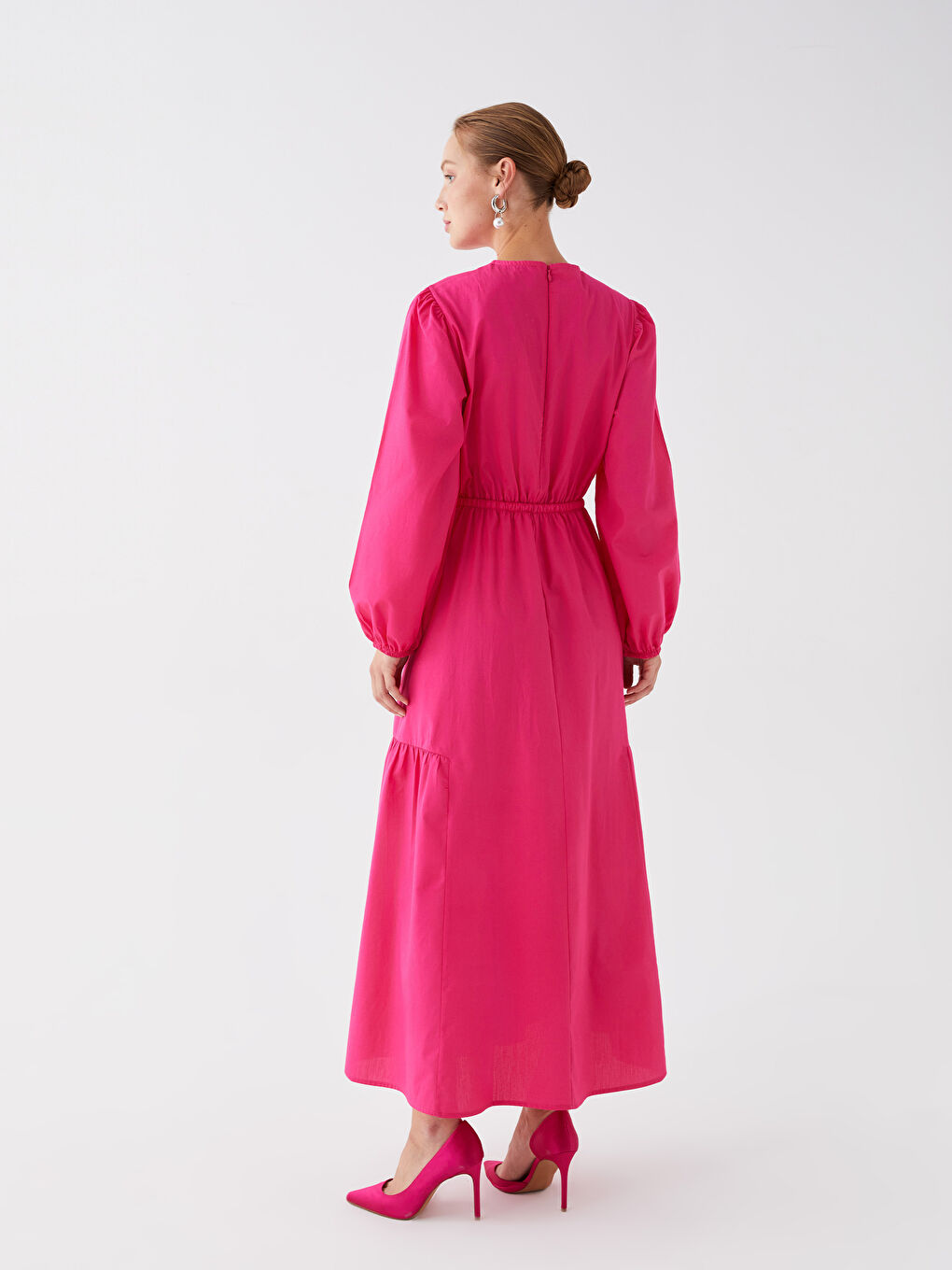 Fuşya Bisiklet Yaka Düz Uzun Kollu Poplin Kadın Elbise Anne Kız Kombini-5