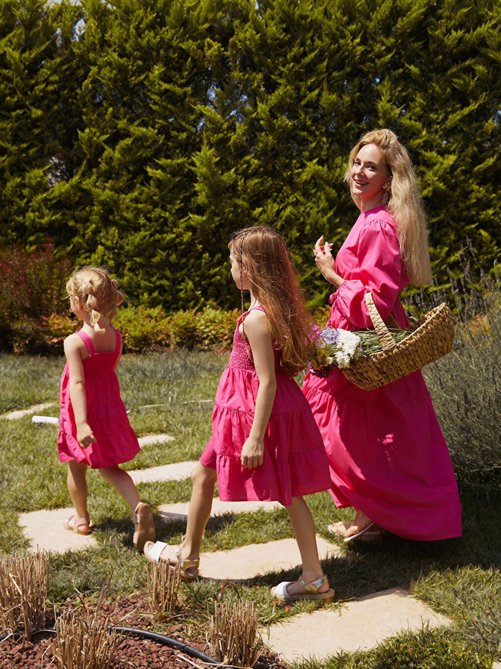 Fuşya Bisiklet Yaka Düz Uzun Kollu Poplin Kadın Elbise Anne Kız Kombini