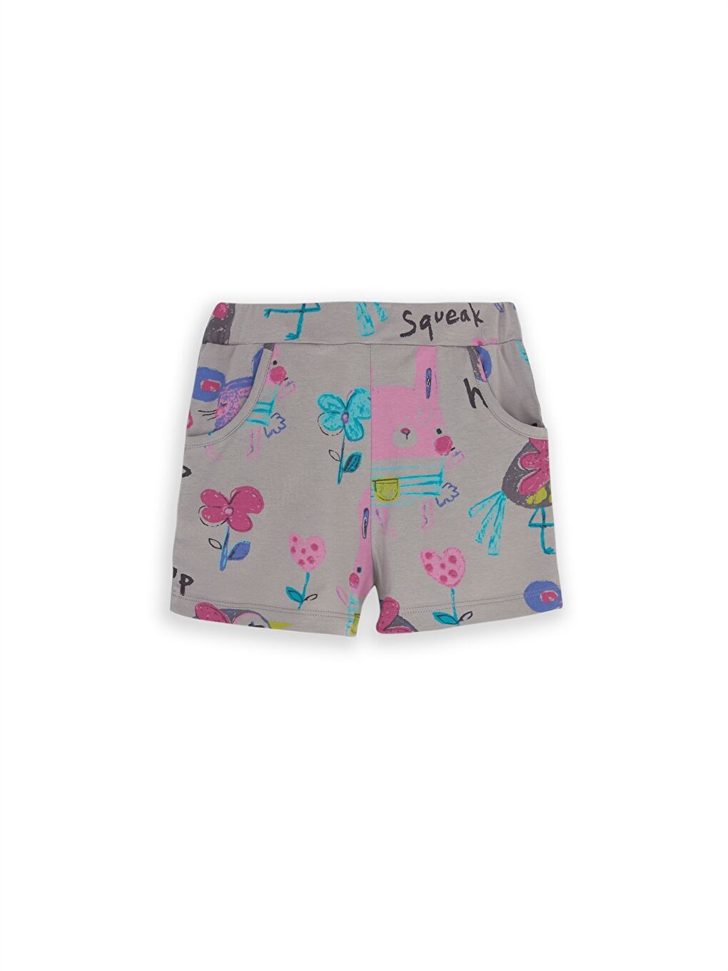 Gri Beli Lastikli Baskılı Kız Bebek Şort