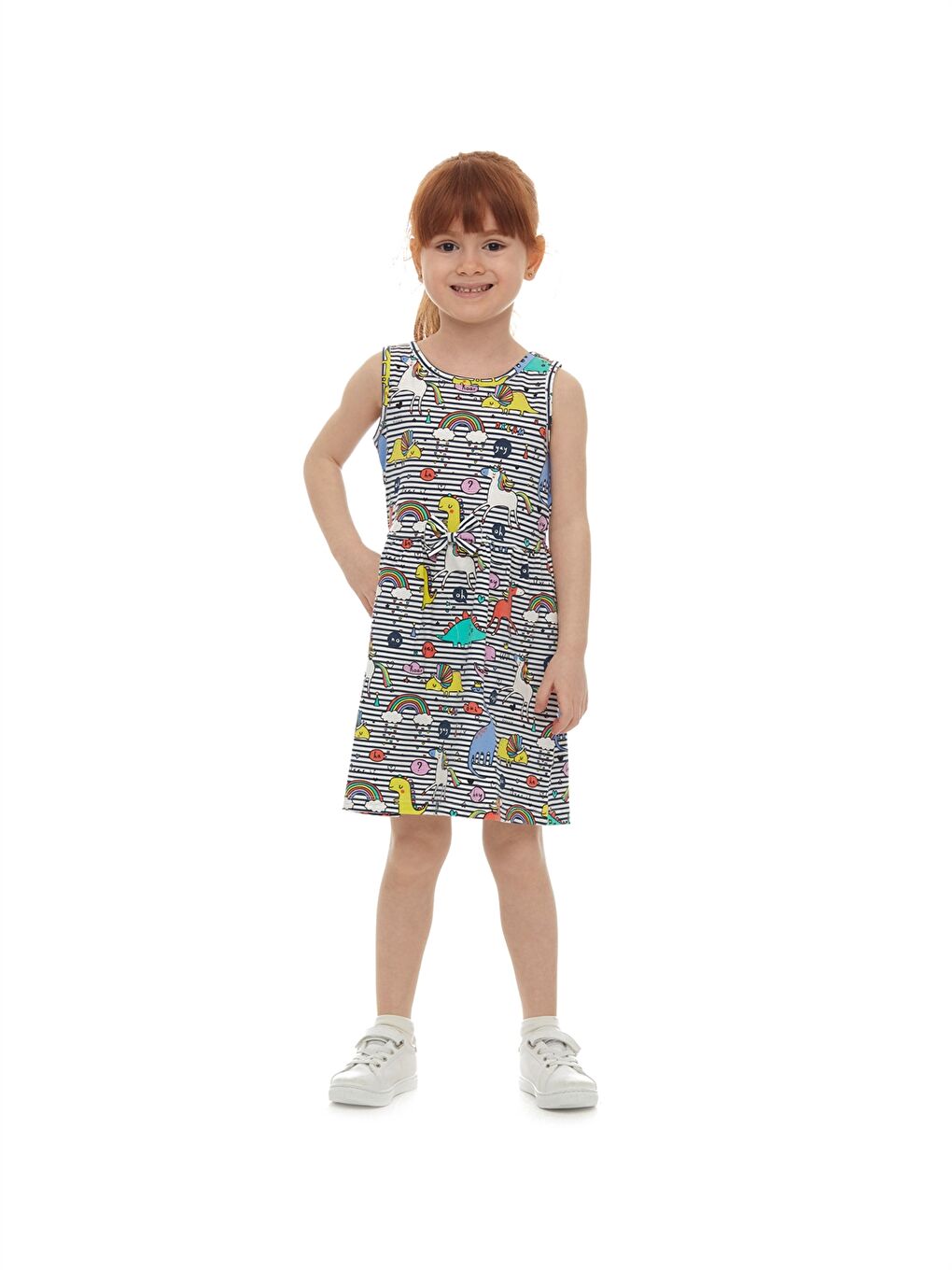 Beyaz Bisiklet Yaka Desenli Kız Bebek Elbise