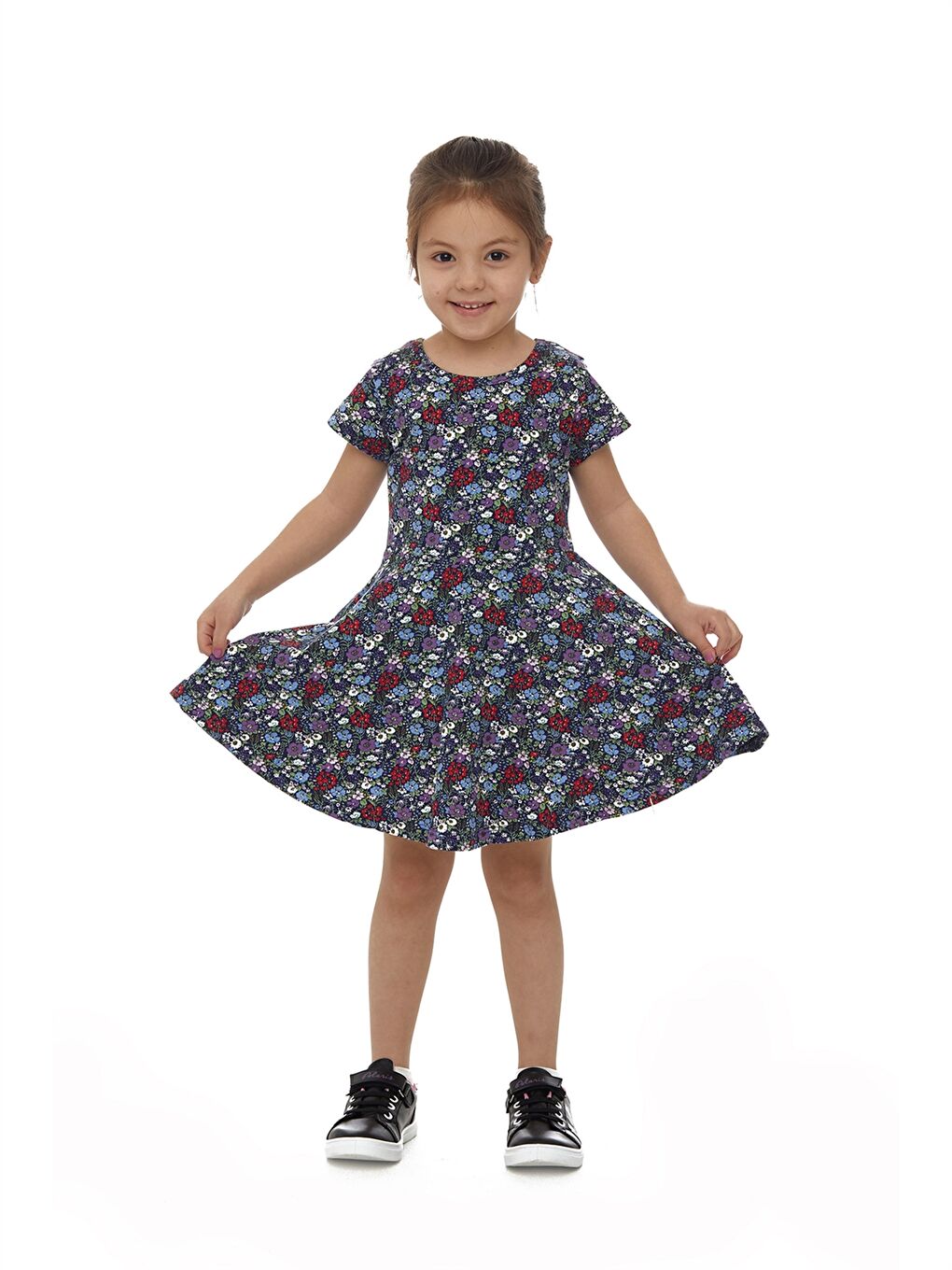Lacivert Bisiklet Yaka Desenli Kız Çocuk Elbise