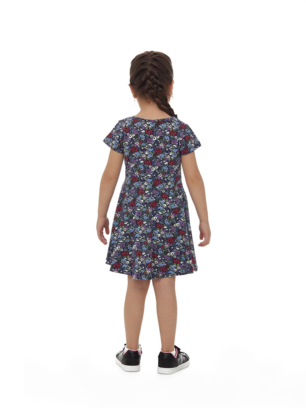 Lacivert Bisiklet Yaka Desenli Kız Çocuk Elbise-2