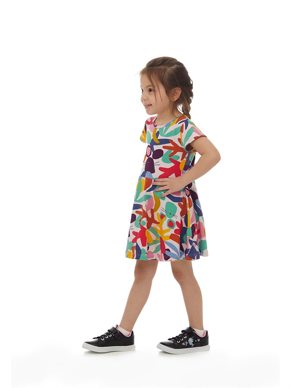 Beyaz Bisiklet Yaka Desenli Kız Çocuk Elbise-1