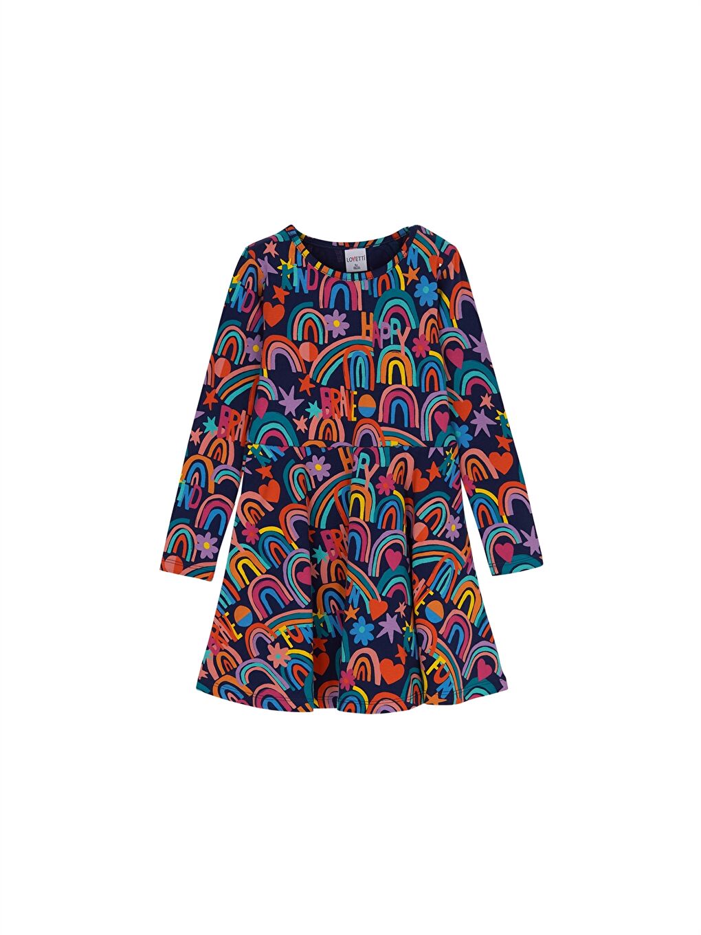 Lacivert Bisiklet Yaka Desenli Uzun Kollu Kız Çocuk Elbise