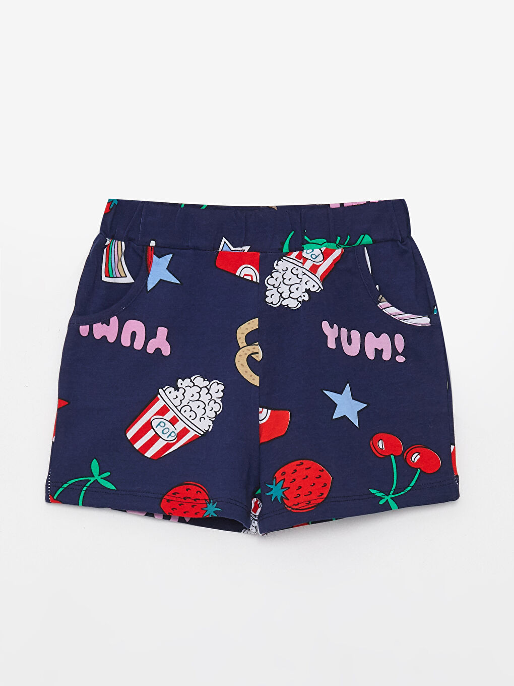 Lacivert Beli Lastikli Desenli Kız Çocuk Şort