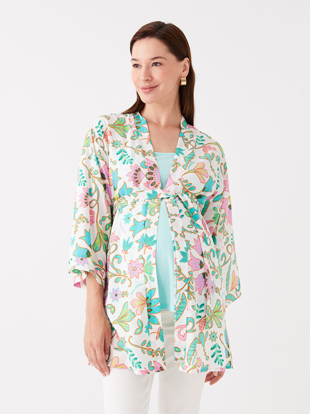 Shawl Collar Floral Maternity Kimono -S3J392Z8-LRN