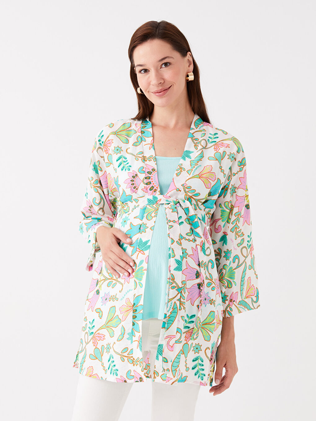 Shawl Collar Floral Maternity Kimono -S3J392Z8-LRN