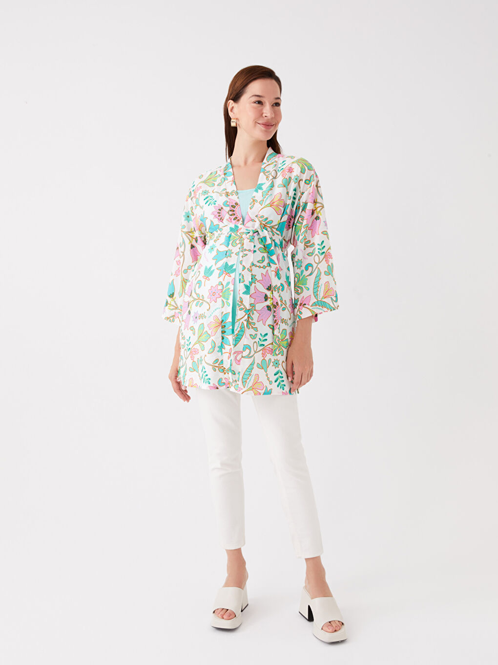 Shawl Collar Floral Maternity Kimono -S3J392Z8-LRN