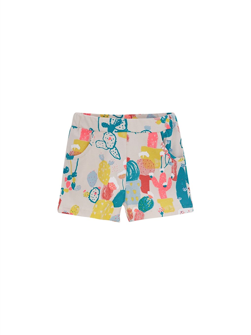 Bej Beli Lastikli Desenli Kız Bebek Şort