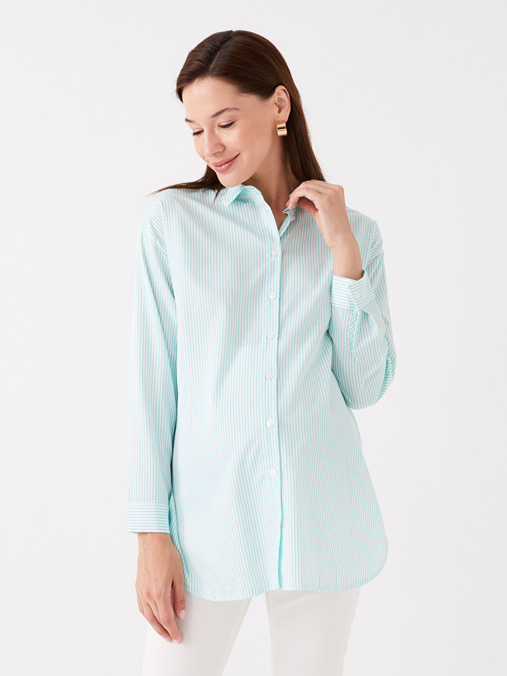 Yeşil Çizgili Uzun Kollu Hamile Gömlek Tunik