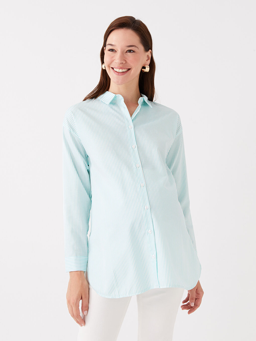 Yeşil Çizgili Uzun Kollu Hamile Gömlek Tunik-1