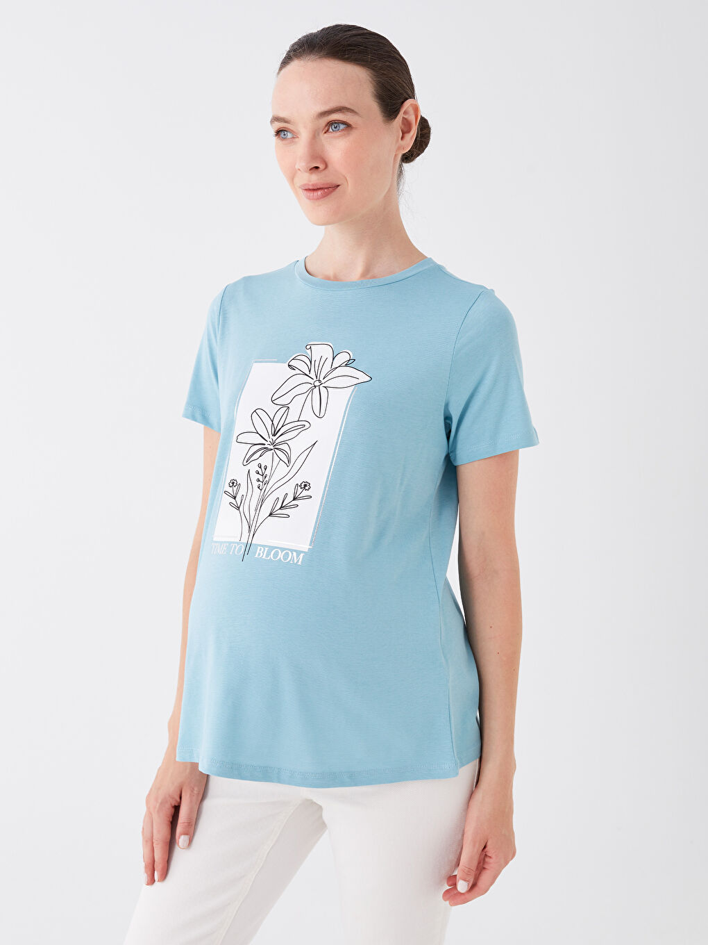 Mavi Bisiklet Yaka Baskılı Kısa Kollu Hamile Tişört