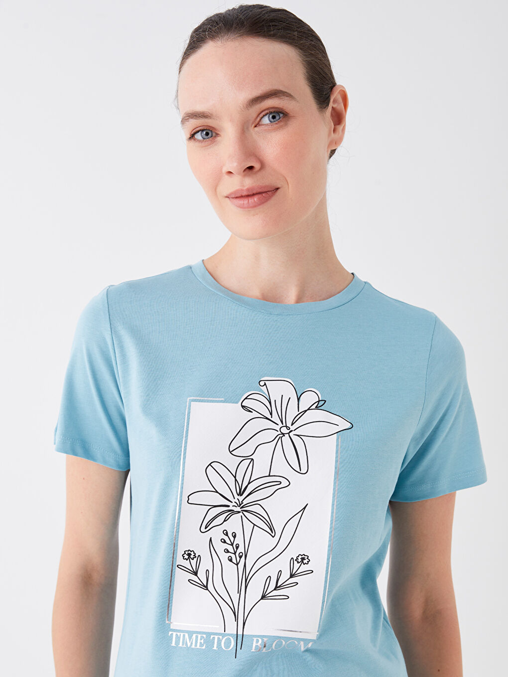 Mavi Bisiklet Yaka Baskılı Kısa Kollu Hamile Tişört-1