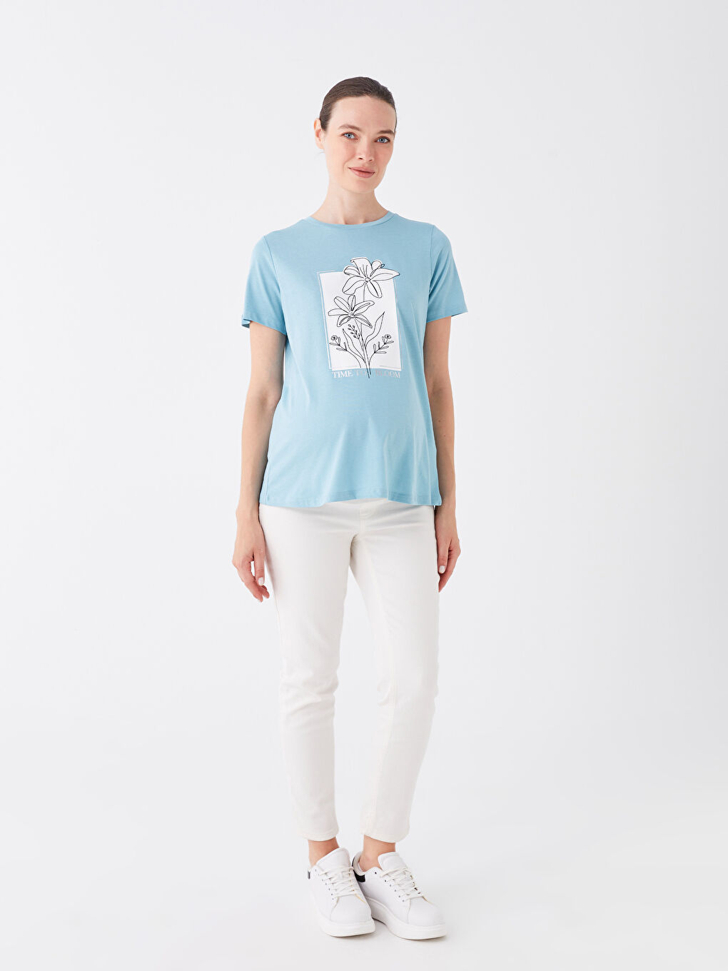 Mavi Bisiklet Yaka Baskılı Kısa Kollu Hamile Tişört-2