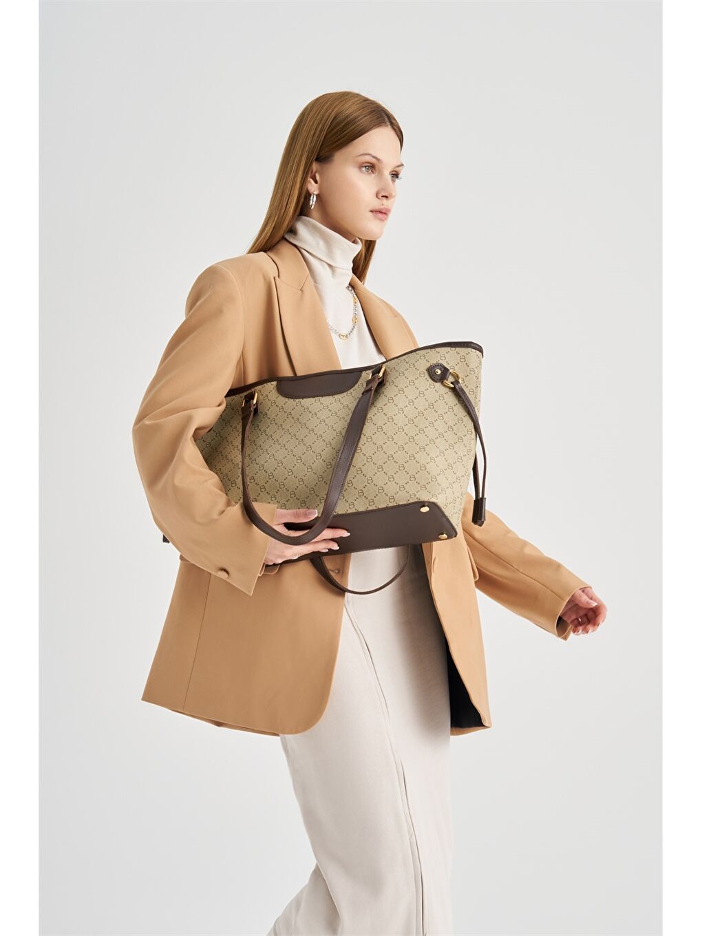 Ekru Deri Görünümlü Desenli Kadın Tote Çanta-2