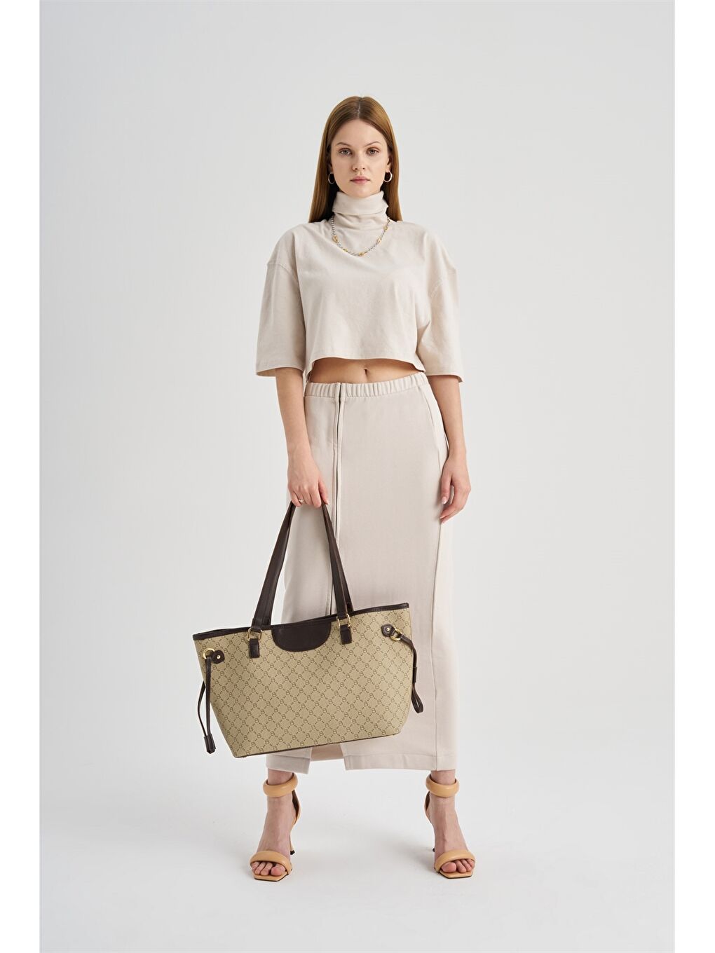 Ekru Deri Görünümlü Desenli Kadın Tote Çanta-3