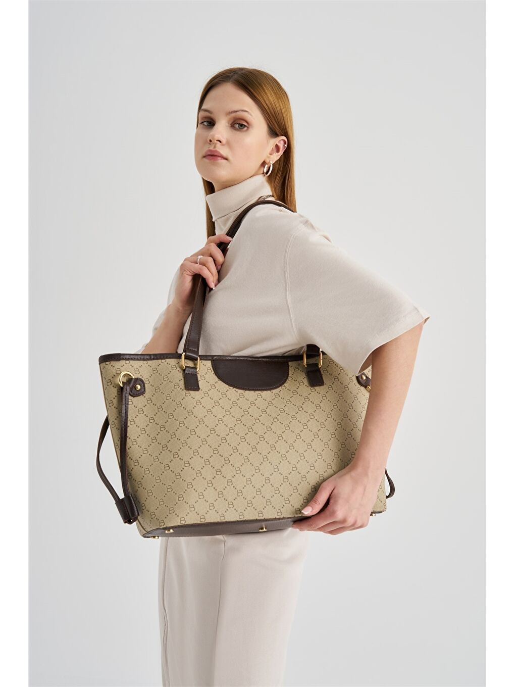 Ekru Deri Görünümlü Desenli Kadın Tote Çanta-9