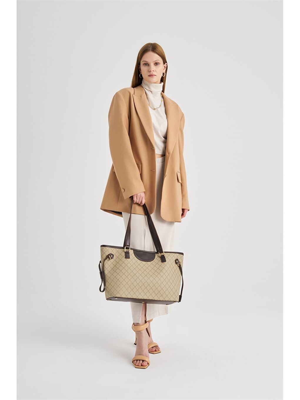 Ekru Deri Görünümlü Desenli Kadın Tote Çanta-11