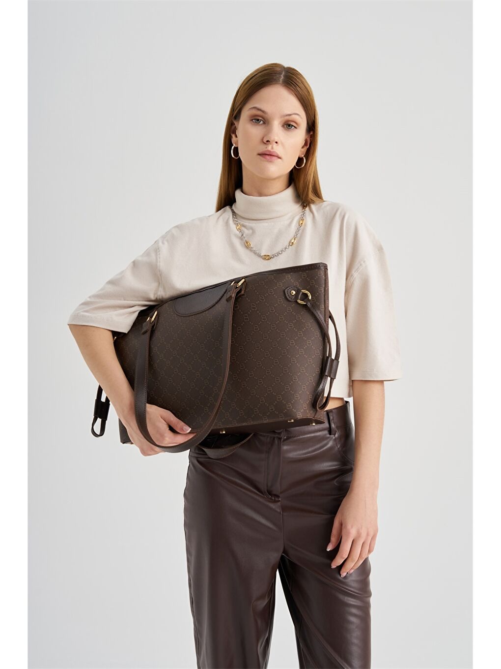 Kahverengi Deri Görünümlü Desenli Kadın Tote Çanta-8