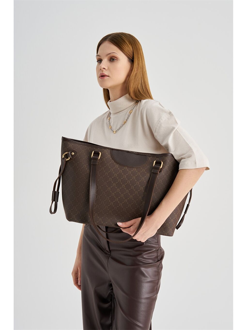 Kahverengi Deri Görünümlü Desenli Kadın Tote Çanta-9