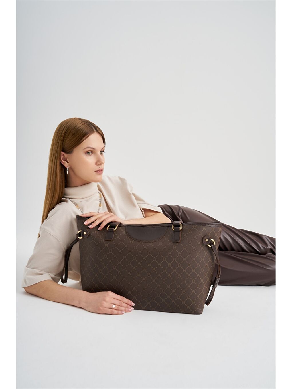 Kahverengi Deri Görünümlü Desenli Kadın Tote Çanta-10