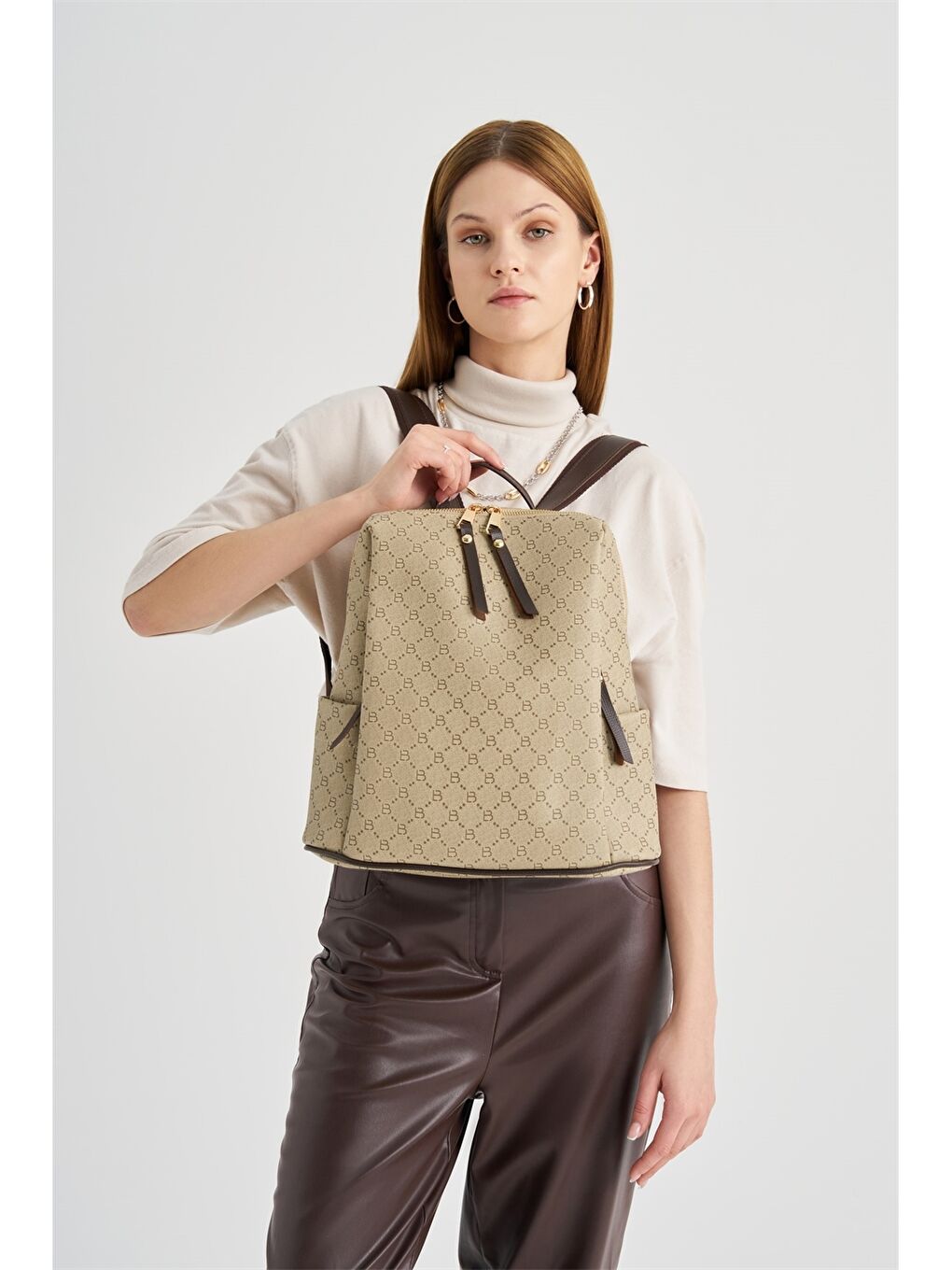 Ekru Desenli Kadın Sırt Çantası-6