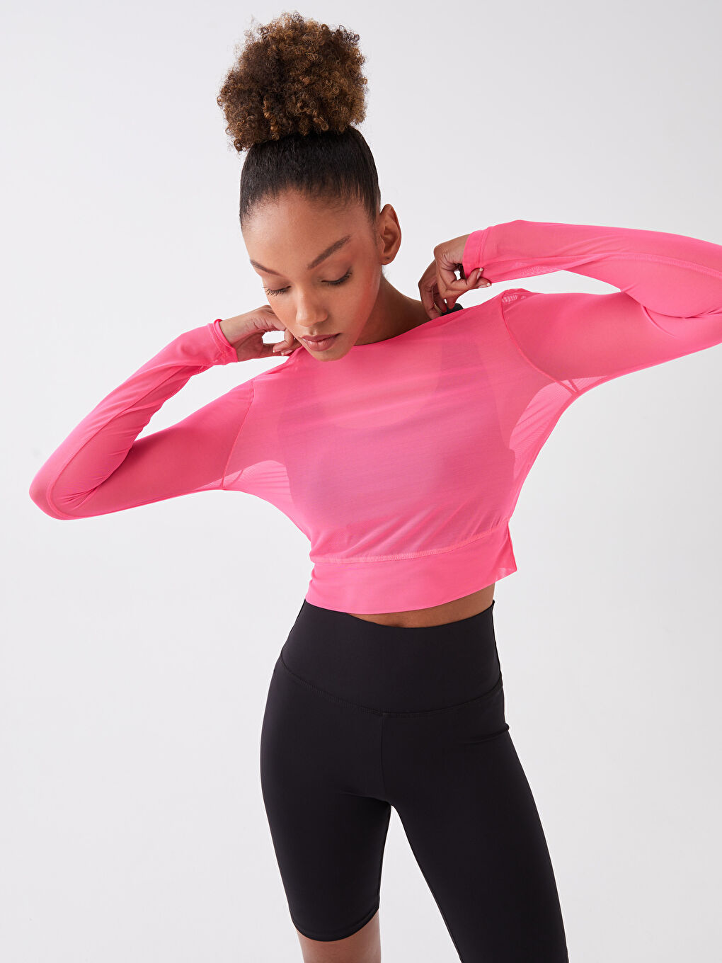 XSIDE ACTIVE Pembe Bisiklet Yaka Düz Uzun Kollu Kadın Tül Crop