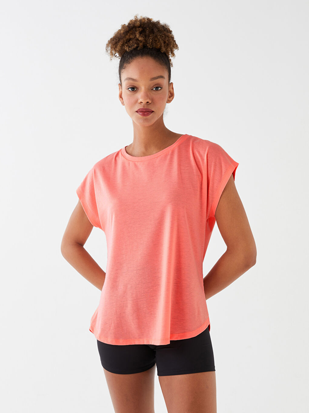 Mercan Bisiklet Yaka Düz Kısa Kollu Kadın Spor Tişört-1