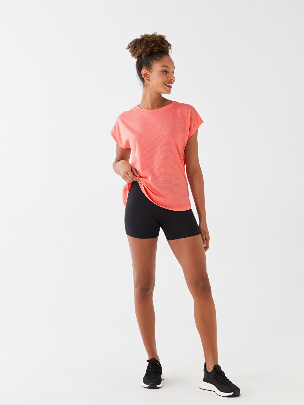 Mercan Bisiklet Yaka Düz Kısa Kollu Kadın Spor Tişört-2