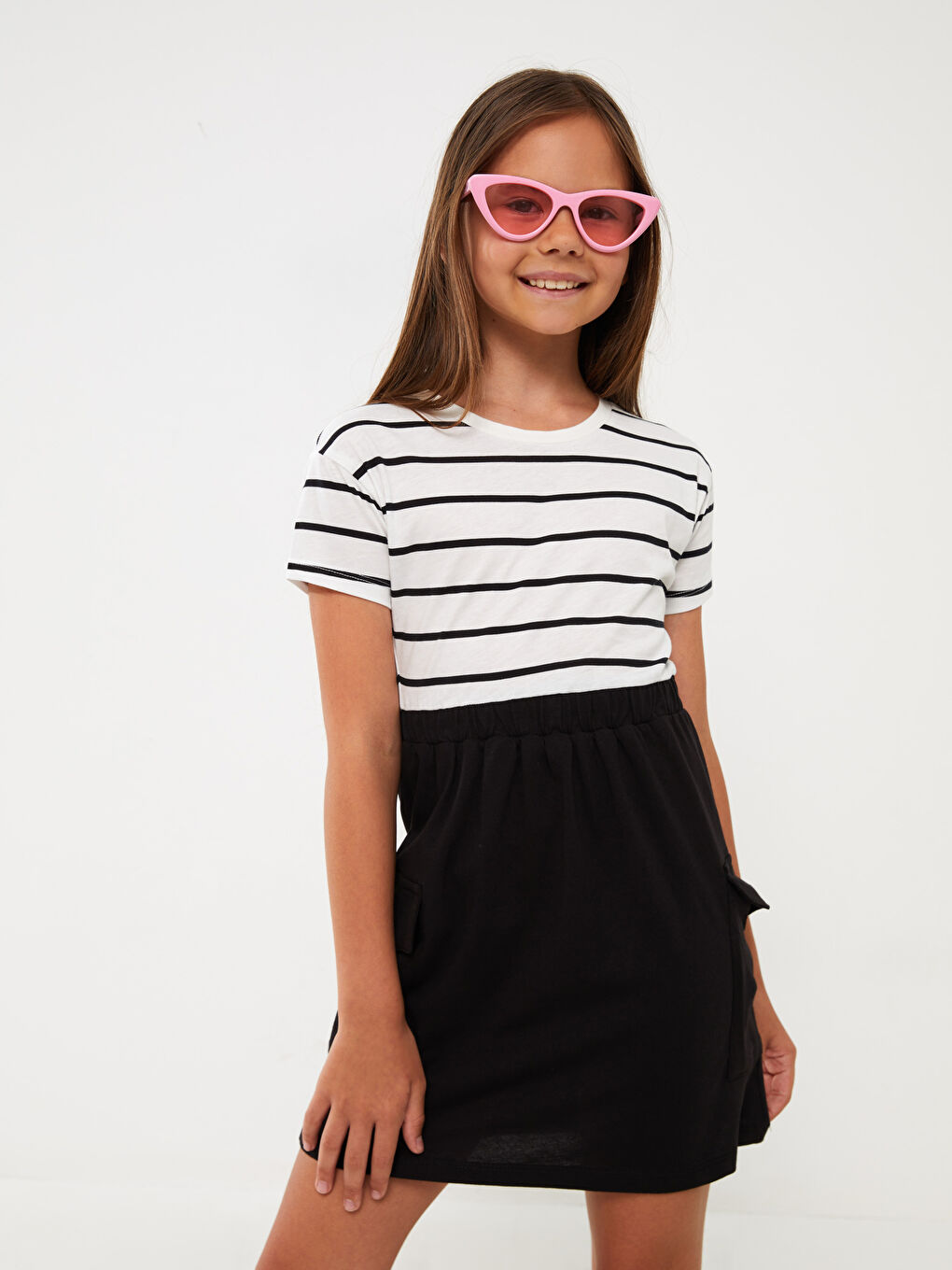Siyah Bisiklet Yaka Çizgili Kısa Kollu Kız Çocuk Elbise-2