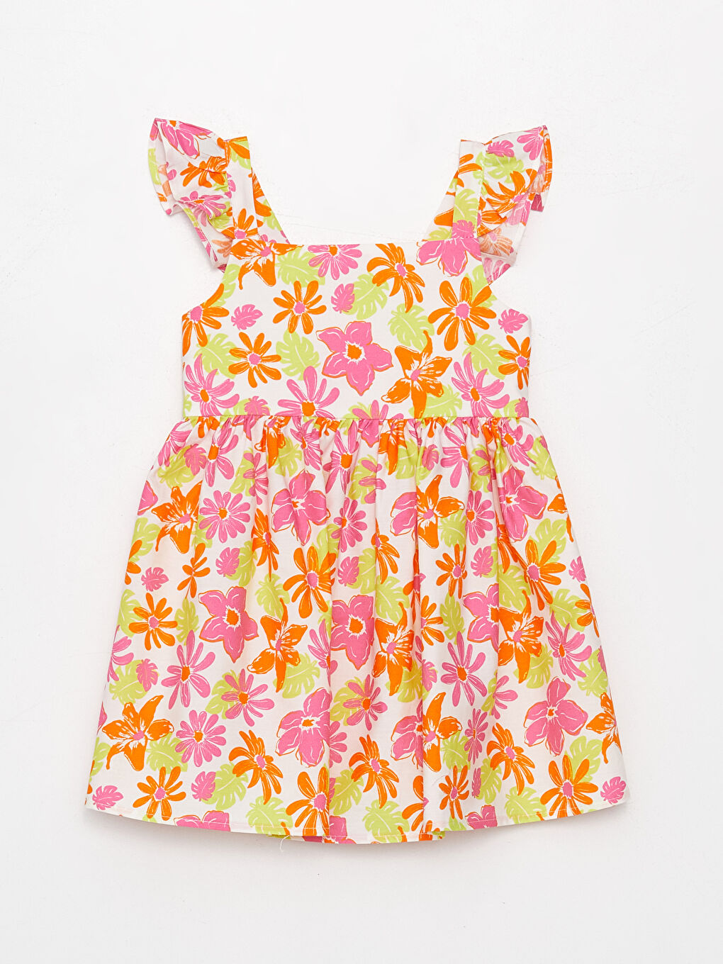 Ekru Kare Yaka Çiçekli Kız Bebek Elbise